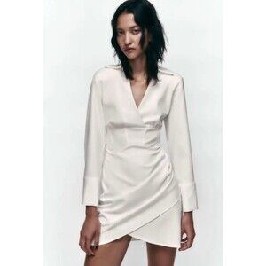 Zara Oyster White Lapel Collar Side Ruched Corset Waist Faux Wrap Mini Dress XS